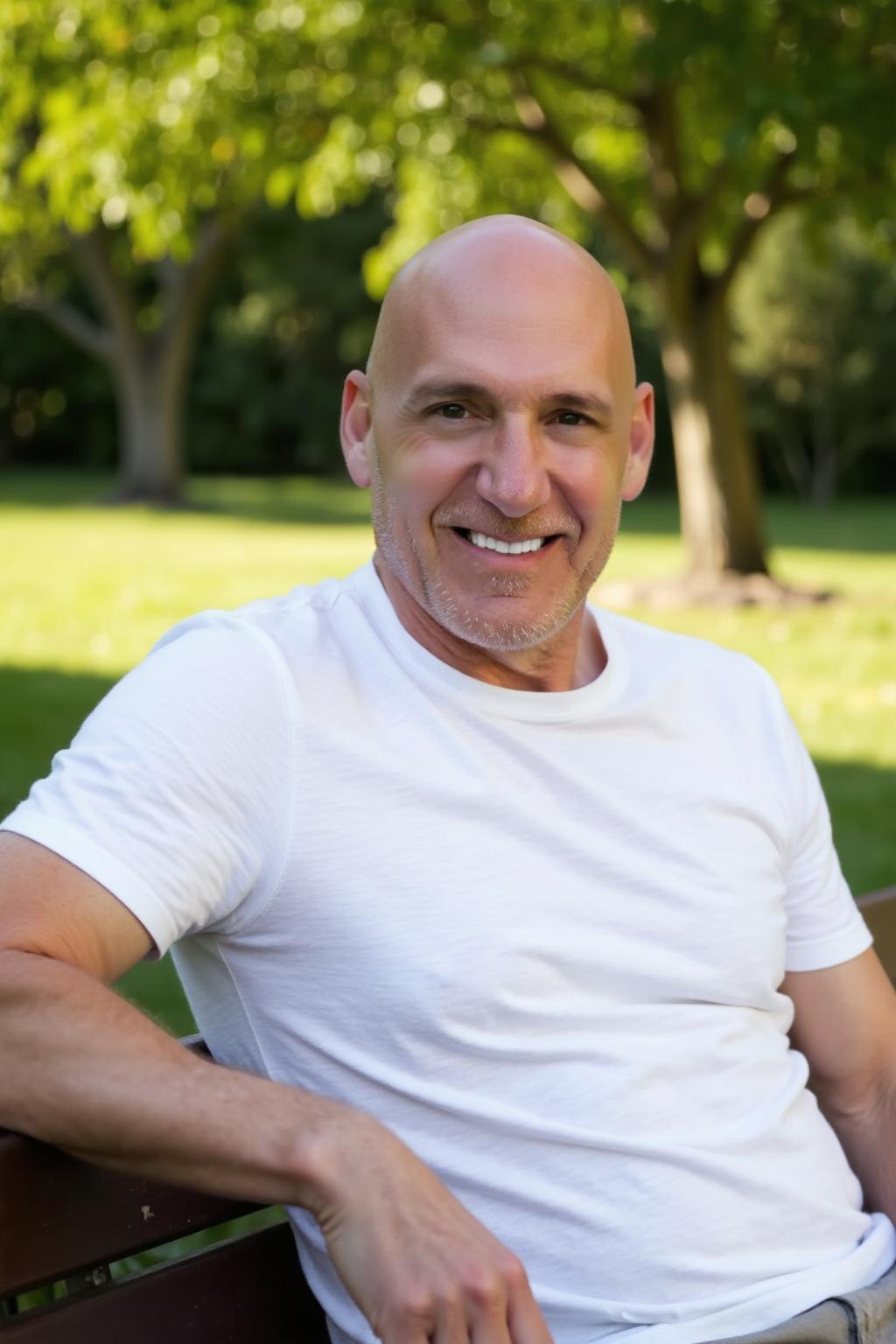 Ivan Demers seated on a park bench in a white t-shirt, green trees behind him