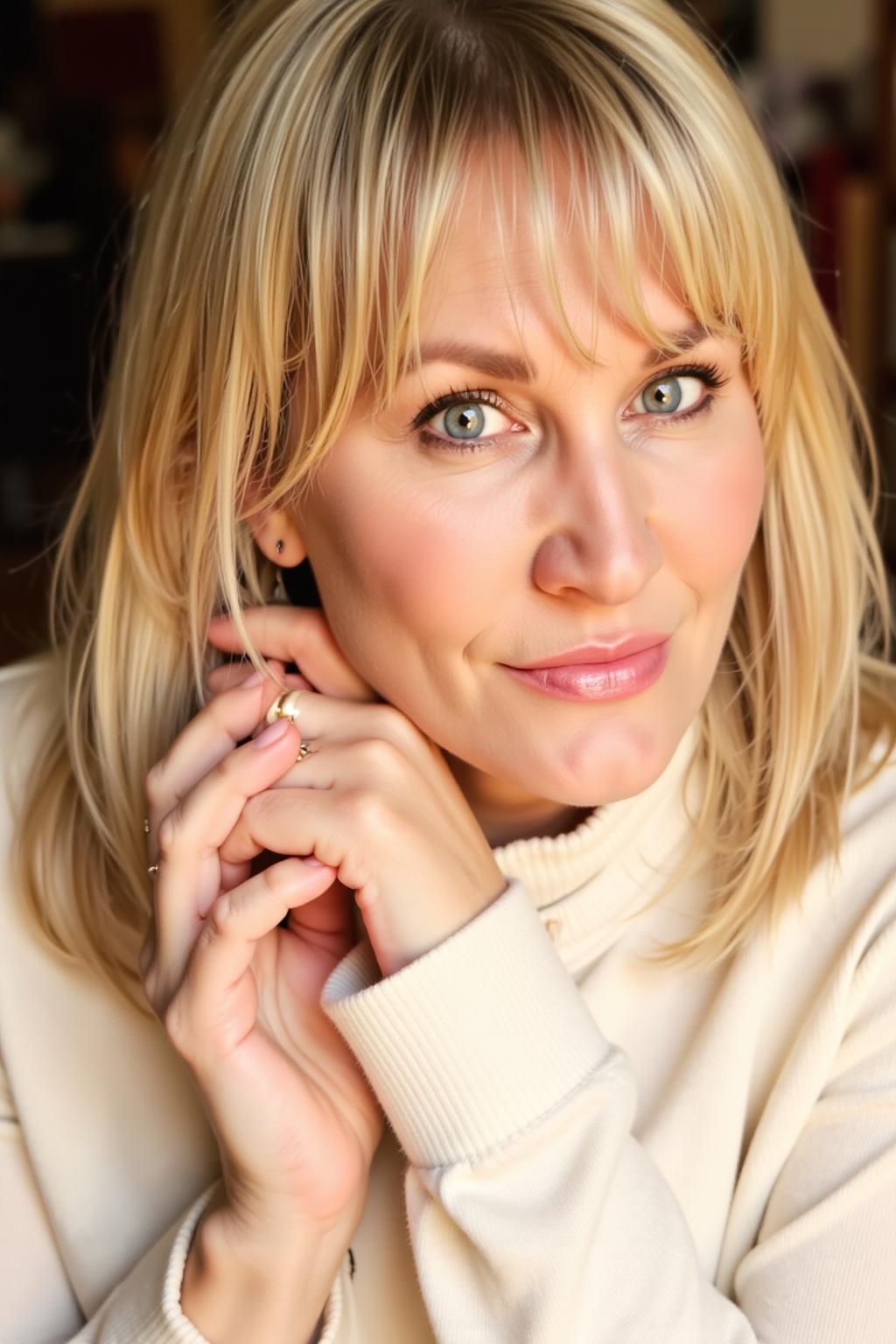 Rachelle Marquis smiling softly at the camera, her hands clasped near her cheek, wearing a cream turtleneck sweater.