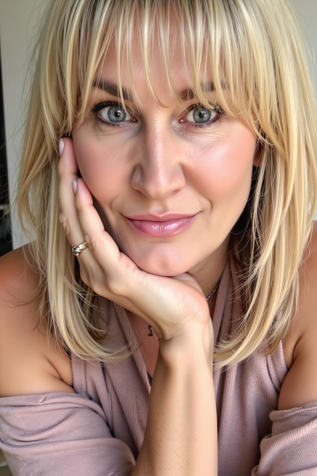 Rachelle Marquis with her hand resting on her cheek, looking warmly into the camera.
