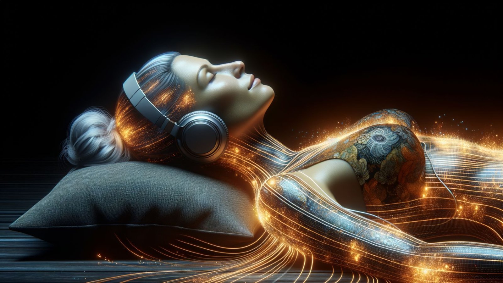 A woman lying back on a cushion with headphones on, eyes closed, threads of golden light flowing through her body