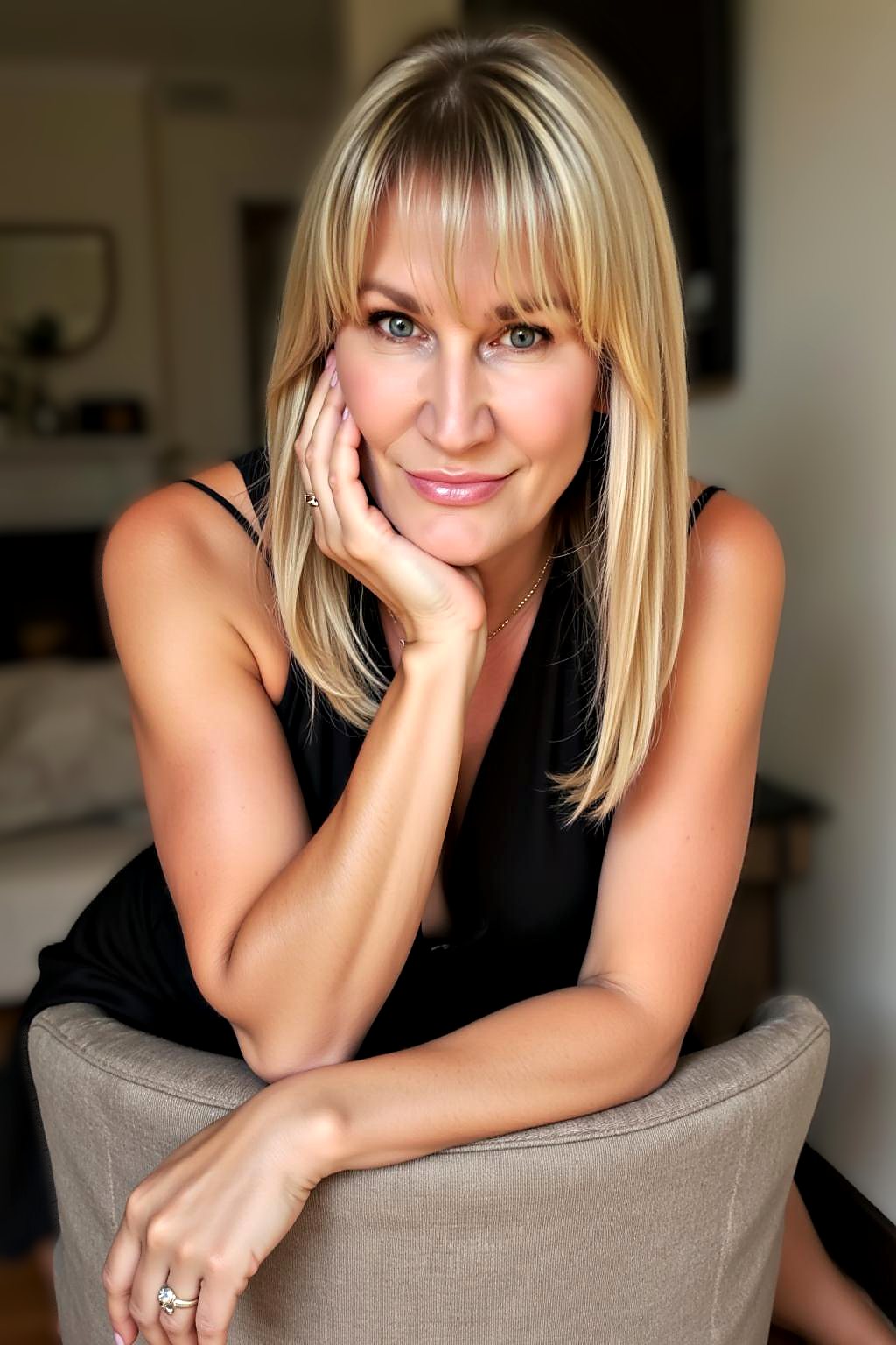 Rachelle Marquis, co-founder of Alchemize Your Life After 50, seated in a warm room with her chin resting on her hand