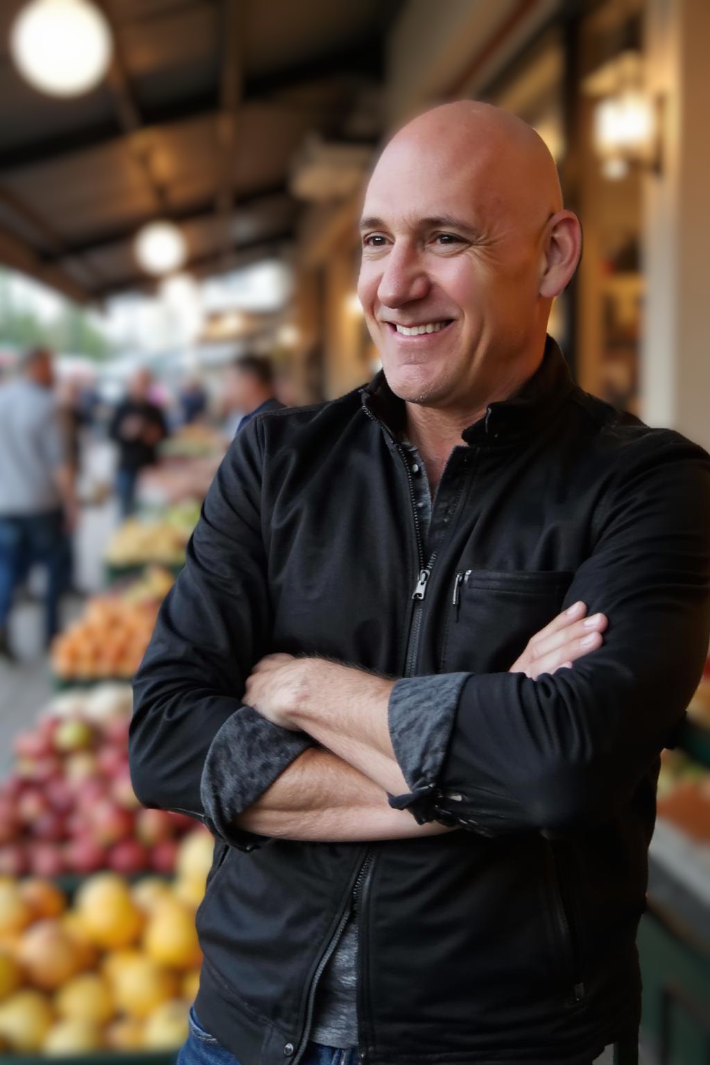 Ivan Demers, co-founder of Alchemize Your Life After 50, smiling with his arms crossed in a black jacket at an outdoor market
